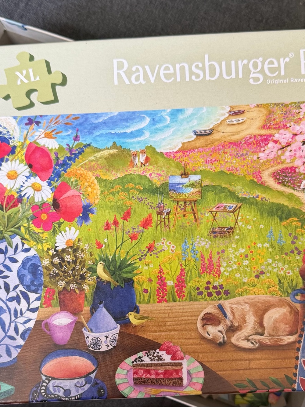 Ravensburger Feel Well Colorful Picnic in Meadow with napping dog